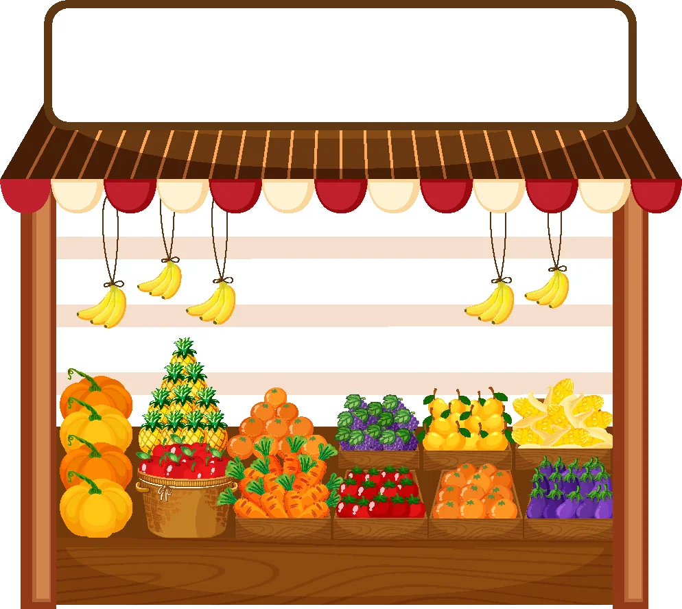 Ilustración de una frutería con frutas y verduras