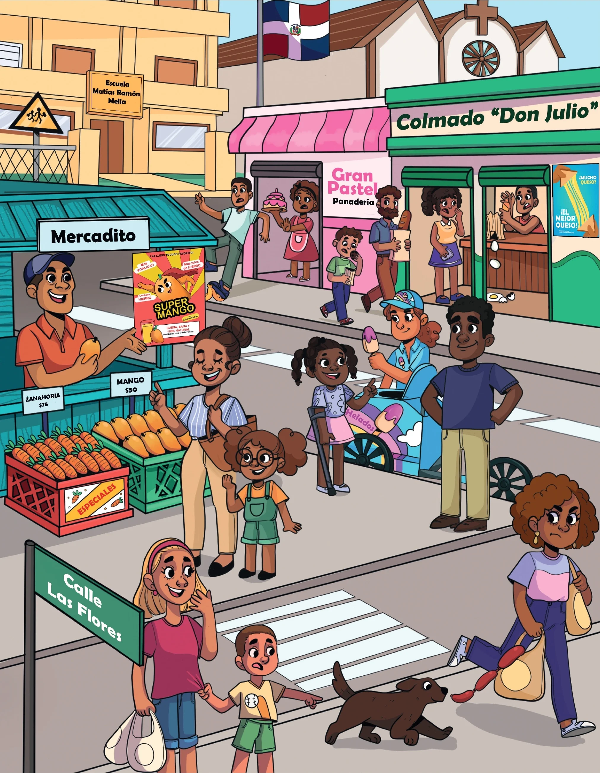 Ilustración de una calle dominicana con tiendas y letreros: Mercadito, Colmado Don Julio, Gran Pastel Panadería, Calle Las Flores y vendedores ambulantes